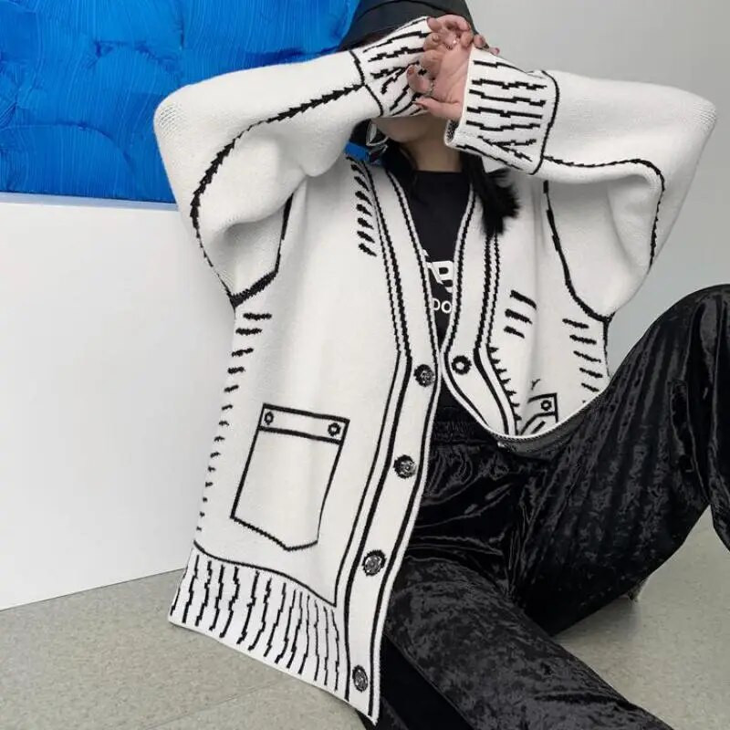 Karrrram Print Graffiti unikaalne naiste kardigan, vaba V-kaelusega pikkade varrukatega luksuslik kootud naiste kampsun mantel Y2k 2021 talv