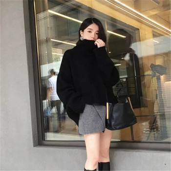 Дамски пуловер с висока яка Есен Зима Корейски моден свободен черен топ с дълъг ръкав Едноцветен семпъл ежедневен дамски пуловери
