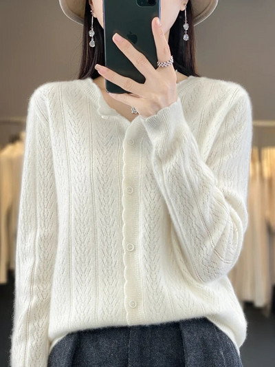 2023. aasta uued naiste kampsunid, 100% meriinovillane kampsun O-kaelusega õõnsate pikkade varrukatega kašmiirist trikotaaž Naiste riided Y2K mood top