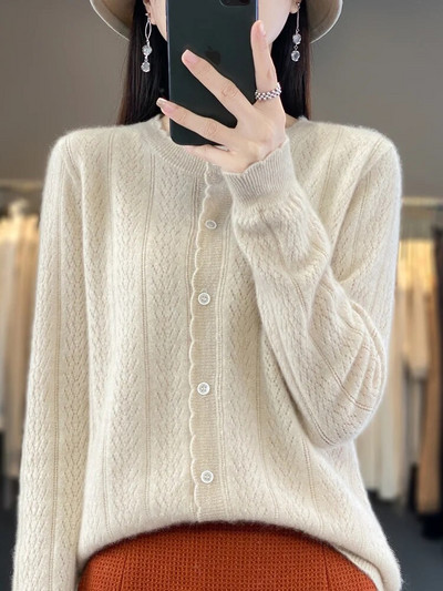 2023. aasta uued naiste kampsunid, 100% meriinovillane kampsun O-kaelusega õõnsate pikkade varrukatega kašmiirist trikotaaž Naiste riided Y2K mood top