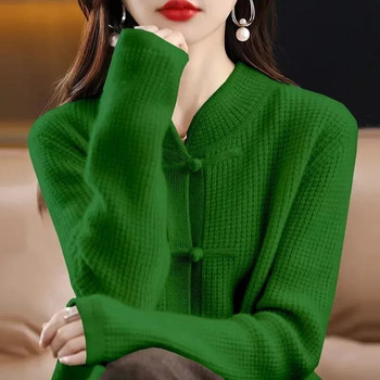 Есен и зима Нова реколта плетена жилетка Дамска удебелена полувисока яка с копчета Свободен тънък пуловер Палто в национален стил