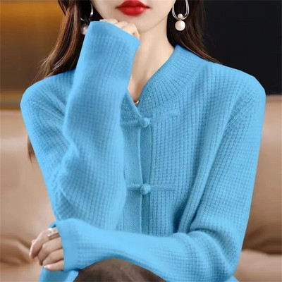 Sügis- ja talvine uus vintage kootud kardigan naiste paksendatud poolkõrge kraega nööbiga vaba õhuke kampsun mantel rahvuslikus stiilis