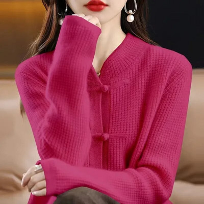 Sügis- ja talvine uus vintage kootud kardigan naiste paksendatud poolkõrge kraega nööbiga vaba õhuke kampsun mantel rahvuslikus stiilis