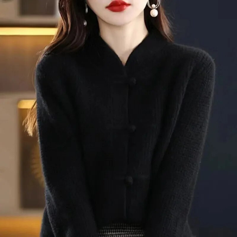 Sügis- ja talvine uus vintage kootud kardigan naiste paksendatud poolkõrge kraega nööbiga vaba õhuke kampsun mantel rahvuslikus stiilis