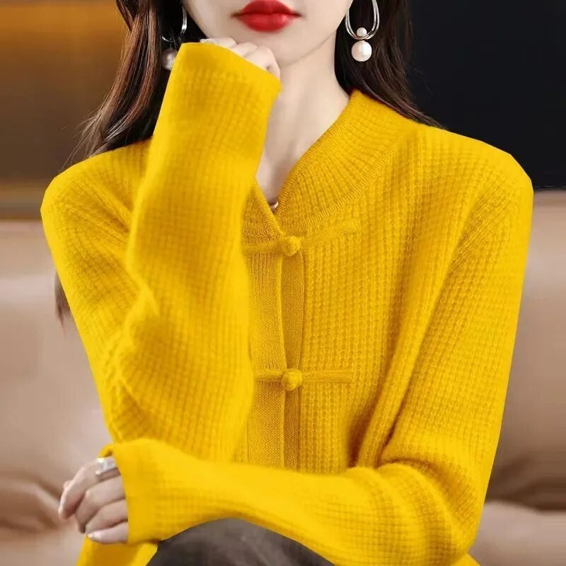 Sügis- ja talvine uus vintage kootud kardigan naiste paksendatud poolkõrge kraega nööbiga vaba õhuke kampsun mantel rahvuslikus stiilis