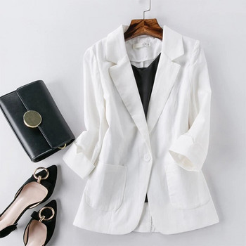 Памучно ленено сако с блейзър Дамско лятно връхно облекло Висококачествено плътно блейзър с едно копче Костюми с три четвърти ръкав