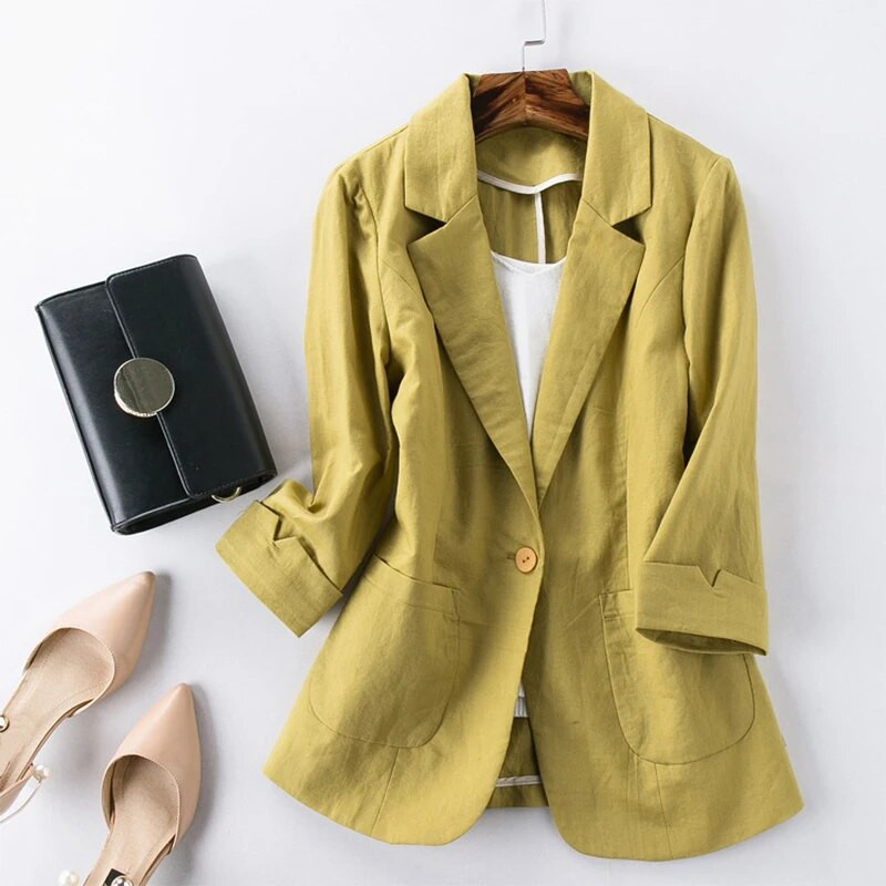 Pamučni laneni blejzer sako Ženska ljetna gornja odjeća Visokokvalitetni jednobojni blejzer sa jednim gumbom Top tri četvrtine rukava