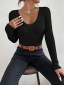 Rudens ziema Sieviešu vienkrāsains rievotas trikotāžas V kakla svītras džemperis Femme Y2k garām piedurknēm Pulovers Džersija topi Modes apģērbi