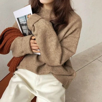 Vintage γυναικεία μασίφ πουλόβερ Φθινοπωρινά μακρυμάνικα πουλόβερ με λαιμόκοψη Κορεάτικη μόδα Πλεκτό πουλόβερ μαλακό χοντρό μεγάλου μεγέθους