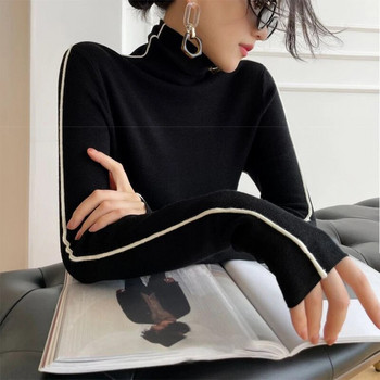 Пуловери Дамски раирани водолазки Топли плетени пуловери Есен Y2K Елегантни корейски офис дами Опростен дизайн Долни джъмпери