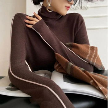 Пуловери Дамски раирани водолазки Топли плетени пуловери Есен Y2K Елегантни корейски офис дами Опростен дизайн Долни джъмпери