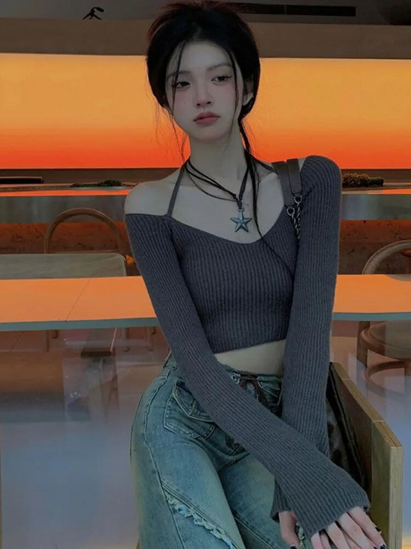 Y2K Γυναικείο Κορεάτικο Vintage Acubi Slim Cropped πουλόβερ Αισθητική Μακρυμάνικο Πουλόβερ V Λαιμόκοψη Gyaru Grunge στενά πουλόβερ Ρούχα