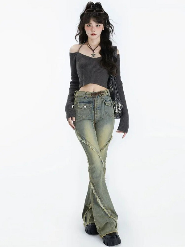 Y2K Γυναικείο Κορεάτικο Vintage Acubi Slim Cropped πουλόβερ Αισθητική Μακρυμάνικο Πουλόβερ V Λαιμόκοψη Gyaru Grunge στενά πουλόβερ Ρούχα