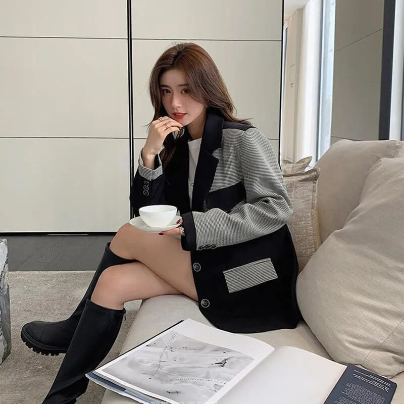 Μόδα 2023, καρό γυναικείο παλτό με κοντράστ, κορεάτικο φαρδύ κοστούμι σακάκι με ραφή με τσέπη με γιακά εξωτερικά ενδύματα