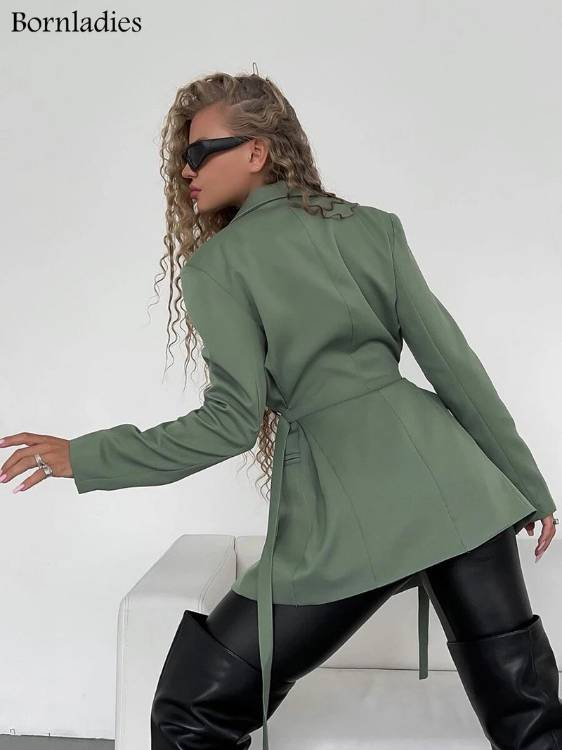 Moteriškas „Bornladies“ švarkas rudeninis žiemos plonas juosmuo su diržu, vienu mygtuku Prašmatnus švarkas biuro moteriškas moteriškas švarkas