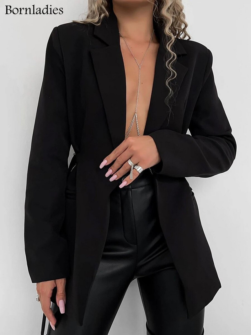 Moteriškas „Bornladies“ švarkas rudeninis žiemos plonas juosmuo su diržu, vienu mygtuku Prašmatnus švarkas biuro moteriškas moteriškas švarkas