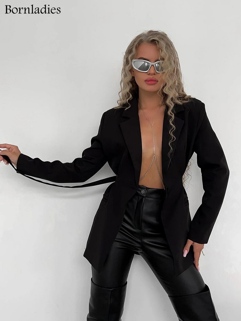 Moteriškas „Bornladies“ švarkas rudeninis žiemos plonas juosmuo su diržu, vienu mygtuku Prašmatnus švarkas biuro moteriškas moteriškas švarkas