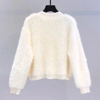 Ζακέτες πουλόβερ Μιμούνται μαλλί βιζόν Γυναικεία κορυφαία ρούχα Χειμερινά πλεκτά Κορεάτικα oversize μακρυμάνικα κομψότητα Sweet OL casual παλτό