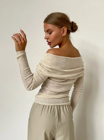 Sumuyoo Дамска плетена вълнена тениска Slim Fit с дълъг ръкав Есен Зима Шик с отворени рамена Основен пуловер Streetwear Пуловери