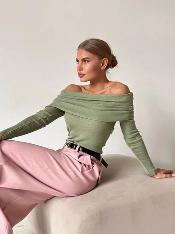 Sumuyoo Дамска плетена вълнена тениска Slim Fit с дълъг ръкав Есен Зима Шик с отворени рамена Основен пуловер Streetwear Пуловери