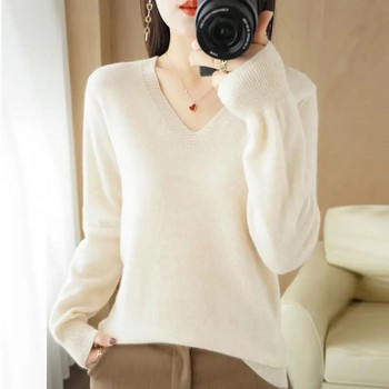 Дамски пуловер 2023 Есен Зима Ежедневна тънка долна риза Пуловери с V-образно деколте Корейски модни плетени горнища Джъмпери с дълъг ръкав