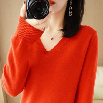 Дамски пуловер 2023 Есен Зима Ежедневна тънка долна риза Пуловери с V-образно деколте Корейски модни плетени горнища Джъмпери с дълъг ръкав