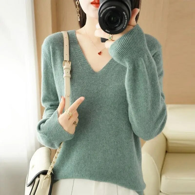 Γυναικείο πουλόβερ 2023 Φθινόπωρο Χειμώνας Casual Πουκάμισο με V λαιμόκοψη Πουλόβερ Κορεατικής μόδας πλεκτά μπλουζάκια Μακρυμάνικα πουκάμισα