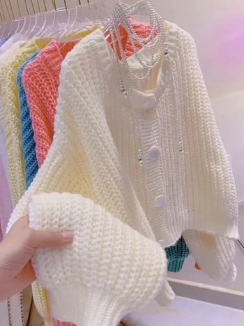 Дамски пуловер Жилетки Есен Зима Плетени корейски свободни овърсайз дълги ръкави Елегантни сладко розови ежедневни палта Топ женски плат