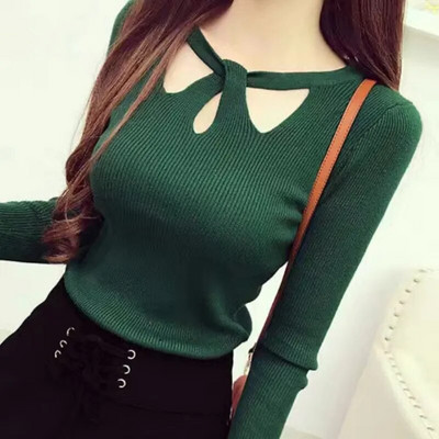 New Autumn and Winter Women`s Slim  Stretch Sexy Pullover Hollow Solid Color Sweater Slim Bottoming Shirt  Sweater Ladies