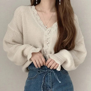 Нова дамска сладка плетена жилетка с перлени копчета за есен/зима 2023 г. Модна свободна ретро пуловер с V-образно деколте и палто