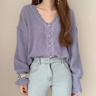 Φθινόπωρο/Χειμώνας 2023 Νέο γυναικείο παλτό πουλόβερ με λαιμόκοψη με λαιμόκοψη με κουμπιά πλεκτό με μαργαριτάρι, ρετρό