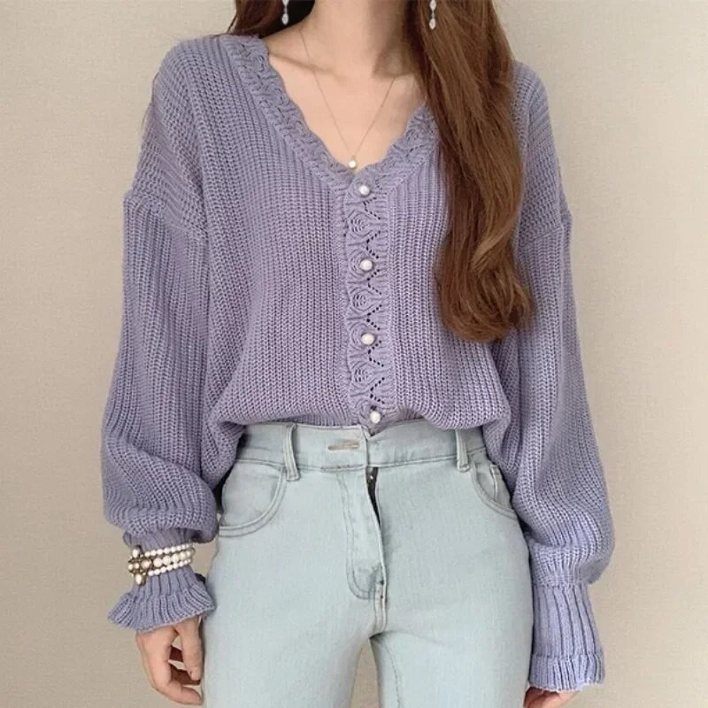 Φθινόπωρο/Χειμώνας 2023 Νέο γυναικείο παλτό πουλόβερ με λαιμόκοψη με λαιμόκοψη με κουμπιά πλεκτό με μαργαριτάρι, ρετρό