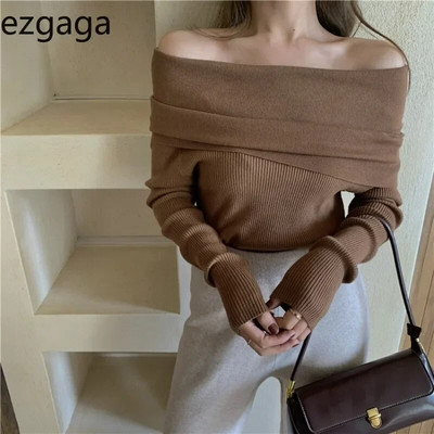 Ezgaga Елегантен пуловер с отворени рамене, джъмпер, дамски пуловер с наклонено деколте, еластичен пуловер с дълъг ръкав, едноцветно универсално връхно облекло, корейски шик