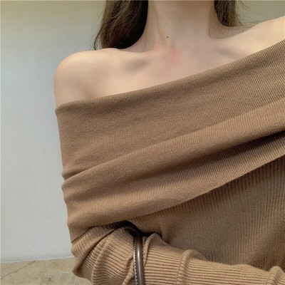 Ezgaga Off Shoulder Elegantne kampsun džemprid Naised Slash kaelus veniv pikkade varrukatega pullover Solid All-Match Outwear Korea šikk