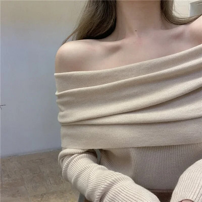 Ezgaga Off Shoulder Elegantne kampsun džemprid Naised Slash kaelus veniv pikkade varrukatega pullover Solid All-Match Outwear Korea šikk