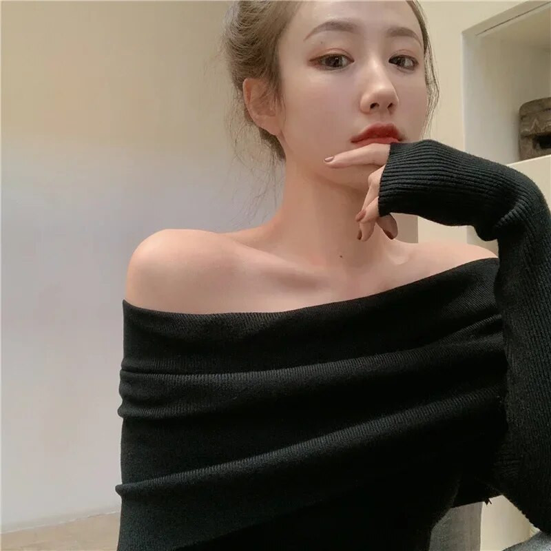 Ezgaga Off Shoulder Elegantne kampsun džemprid Naised Slash kaelus veniv pikkade varrukatega pullover Solid All-Match Outwear Korea šikk