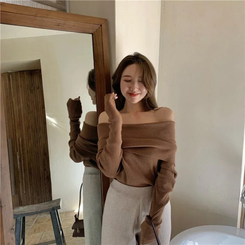 Ezgaga Off Shoulder Elegantne kampsun džemprid Naised Slash kaelus veniv pikkade varrukatega pullover Solid All-Match Outwear Korea šikk