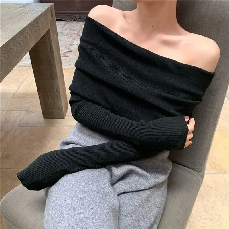 Ezgaga Off Shoulder Elegantne kampsun džemprid Naised Slash kaelus veniv pikkade varrukatega pullover Solid All-Match Outwear Korea šikk