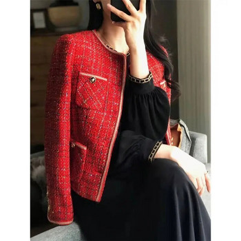 Tweed Blazers Γυναικεία κοντό σακάκι 2022 Φθινόπωρο Χειμώνας Χαλαρό κόκκινο στρογγυλό σακάκι μονόστομο κοστούμι