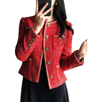 Tweed Blazers Γυναικεία κοντό σακάκι 2022 Φθινόπωρο Χειμώνας Χαλαρό κόκκινο στρογγυλό σακάκι μονόστομο κοστούμι
