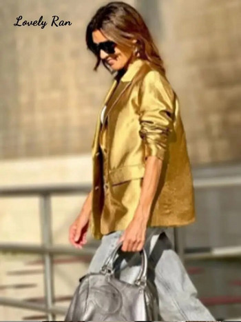 Hight Street Gold σακάκι γυναικείο μακρυμάνικο μπουφάν με μονό στήθος γυναικεία μπουφάν 2023 Φθινοπωρινό κομψό γυναικείο παλτό