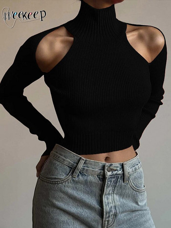 Weekeep Basic Черен пуловер с висока яка Пуловери Издълбани с отворени рамена Тесни ежедневни пуловери Streetwear Дамски трикотажни пуловери