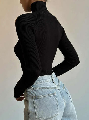 Weekeep Basic Черен пуловер с висока яка Пуловери Издълбани с отворени рамена Тесни ежедневни пуловери Streetwear Дамски трикотажни пуловери