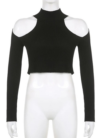 Weekeep Basic Μαύρο ζιβάγκο πουλόβερ Πουλόβερ με κούφια έξω από τον ώμο Skinny casual πουλόβερ Streetwear Γυναικεία πλεκτά πουλόβερ