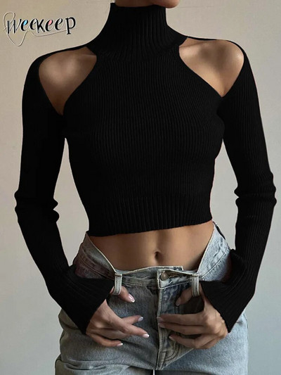 Weekeep Basic Μαύρο ζιβάγκο πουλόβερ Πουλόβερ με κούφια έξω από τον ώμο Skinny casual πουλόβερ Streetwear Γυναικεία πλεκτά πουλόβερ
