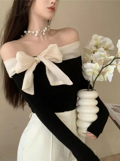 Off Shoulder Sweater Women Y2k Clothes Ladies French Style Elegant Sexy Slim Stretch Pullovers Spring Autumn Bow Slash Neck Tops