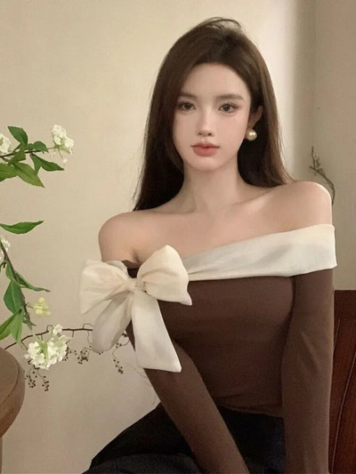 Džemper s otvorenim ramenima Ženska Y2k odjeća Ženska francuska stilska elegantna seksi uska rastezljiva puloverica Proljeće Jesen Majice s mašnom i ovratnikom