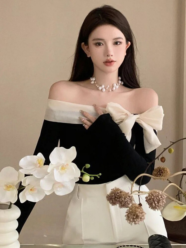 Džemper s otvorenim ramenima Ženska Y2k odjeća Ženska francuska stilska elegantna seksi uska rastezljiva puloverica Proljeće Jesen Majice s mašnom i ovratnikom