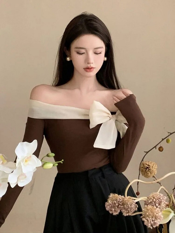 Džemper s otvorenim ramenima Ženska Y2k odjeća Ženska francuska stilska elegantna seksi uska rastezljiva puloverica Proljeće Jesen Majice s mašnom i ovratnikom