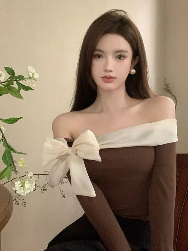 Džemper s otvorenim ramenima Ženska Y2k odjeća Ženska francuska stilska elegantna seksi uska rastezljiva puloverica Proljeće Jesen Majice s mašnom i ovratnikom